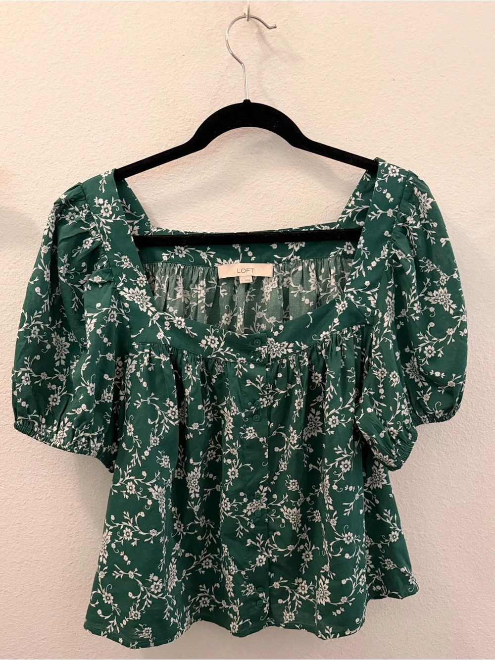 LOFT Green Floral Square-Neck Puff Sleeve Blouse